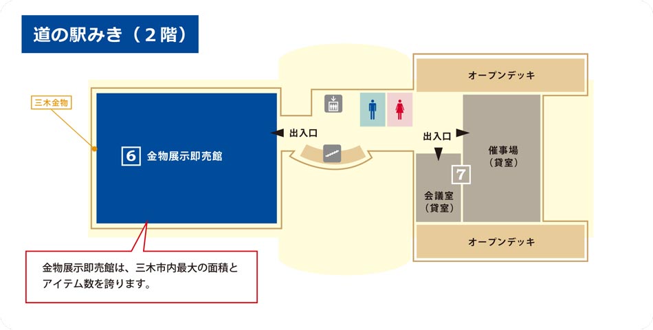 道の駅みき館内2階には、三木市内最大の面積とアイテム数を誇る金物展示即売館と、貸室がございます。 館内マップ2F