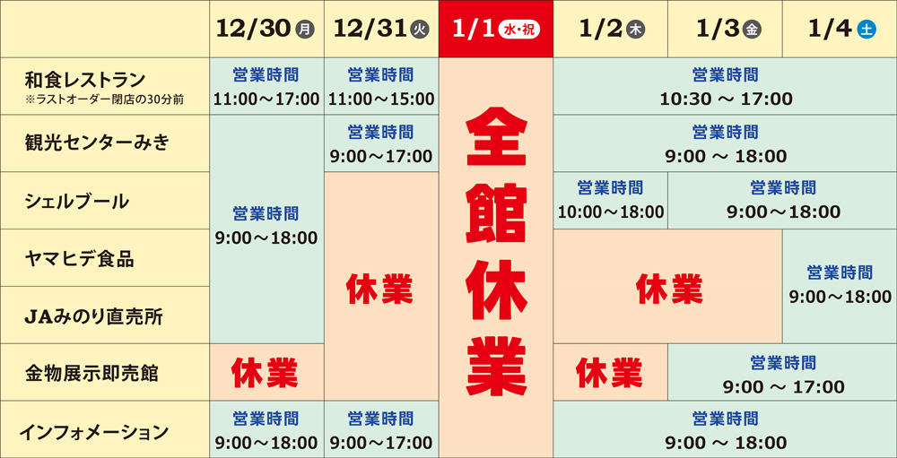 館内店舗年末年始 営業時間のお知らせ